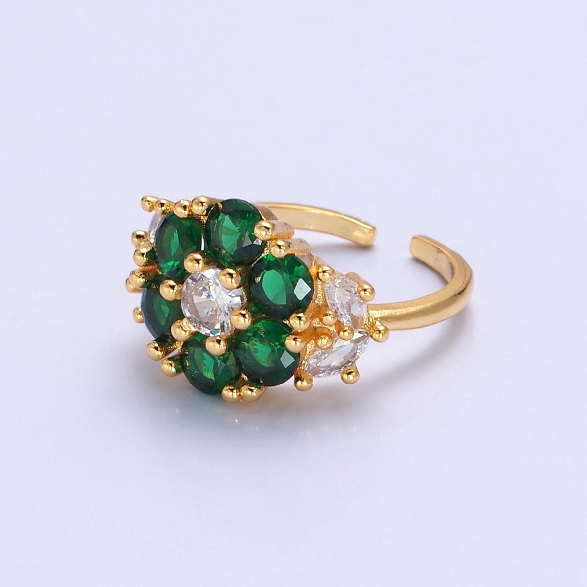 24K Gold Filled Emerald Flower Ring, Clear & Green Cubic Zirconia CZ Nature Promise Ring, O-2293 - DLUXCA