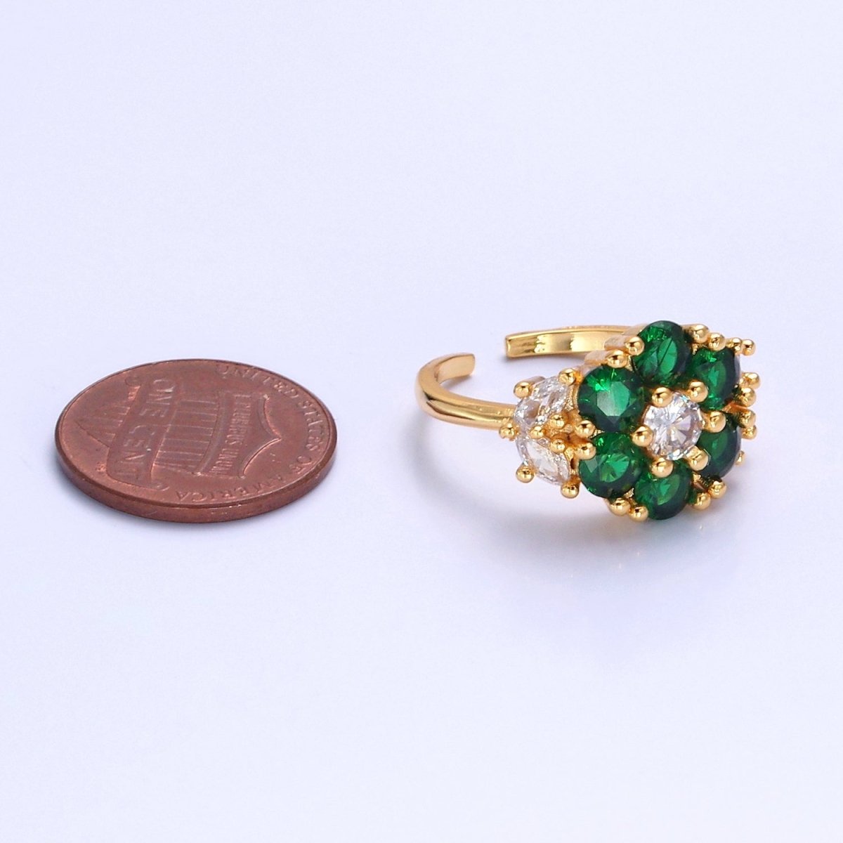 24K Gold Filled Emerald Flower Ring, Clear & Green Cubic Zirconia CZ Nature Promise Ring, O-2293 - DLUXCA