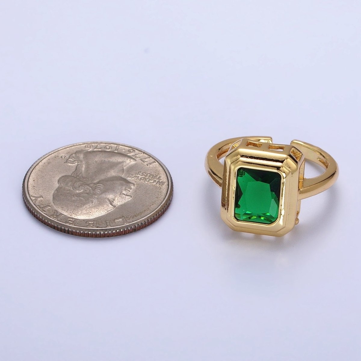 24K Gold Filled Emerald Green Baguette CZ Adjustable Ring in Gold & Silver | Y-606 Y-607 - DLUXCA