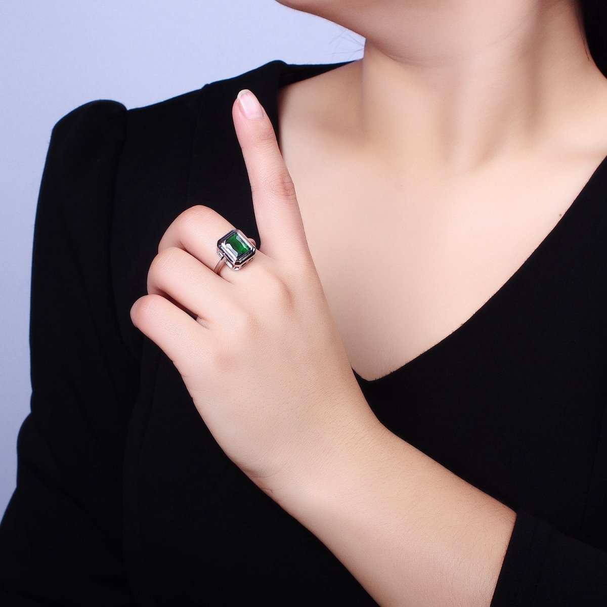 24K Gold Filled Emerald Green Baguette CZ Adjustable Ring in Gold & Silver | Y-606 Y-607 - DLUXCA