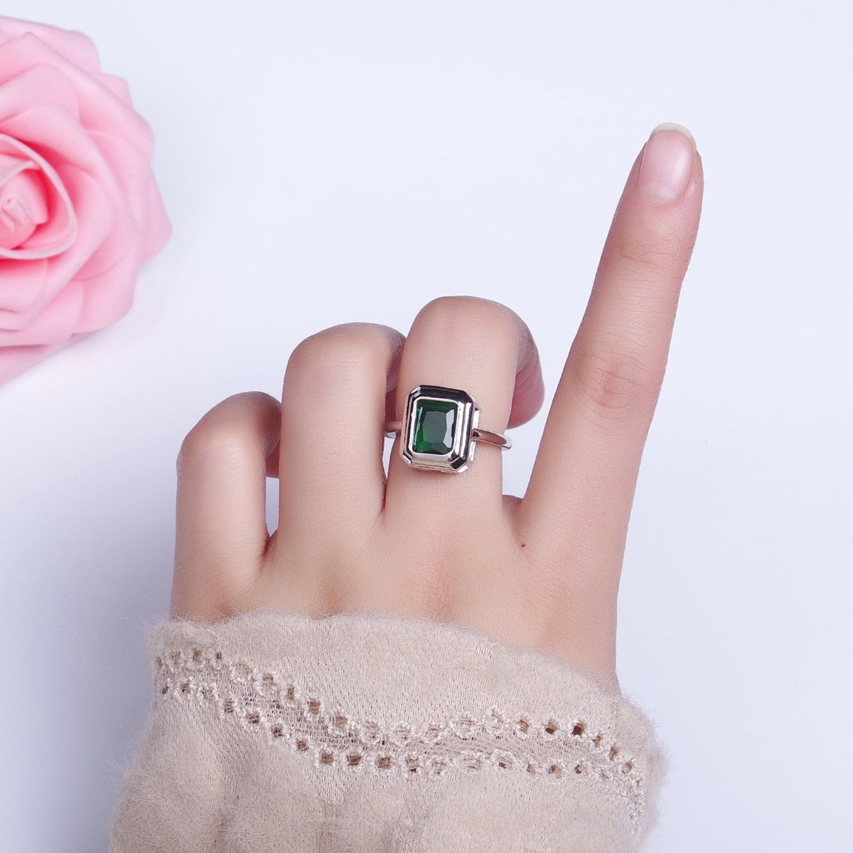 24K Gold Filled Emerald Green Baguette CZ Adjustable Ring in Gold & Silver | Y-606 Y-607 - DLUXCA