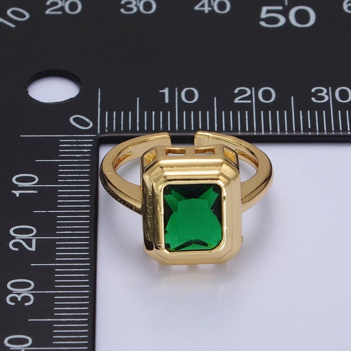 24K Gold Filled Emerald Green Baguette CZ Adjustable Ring in Gold & Silver | Y-606 Y-607 - DLUXCA