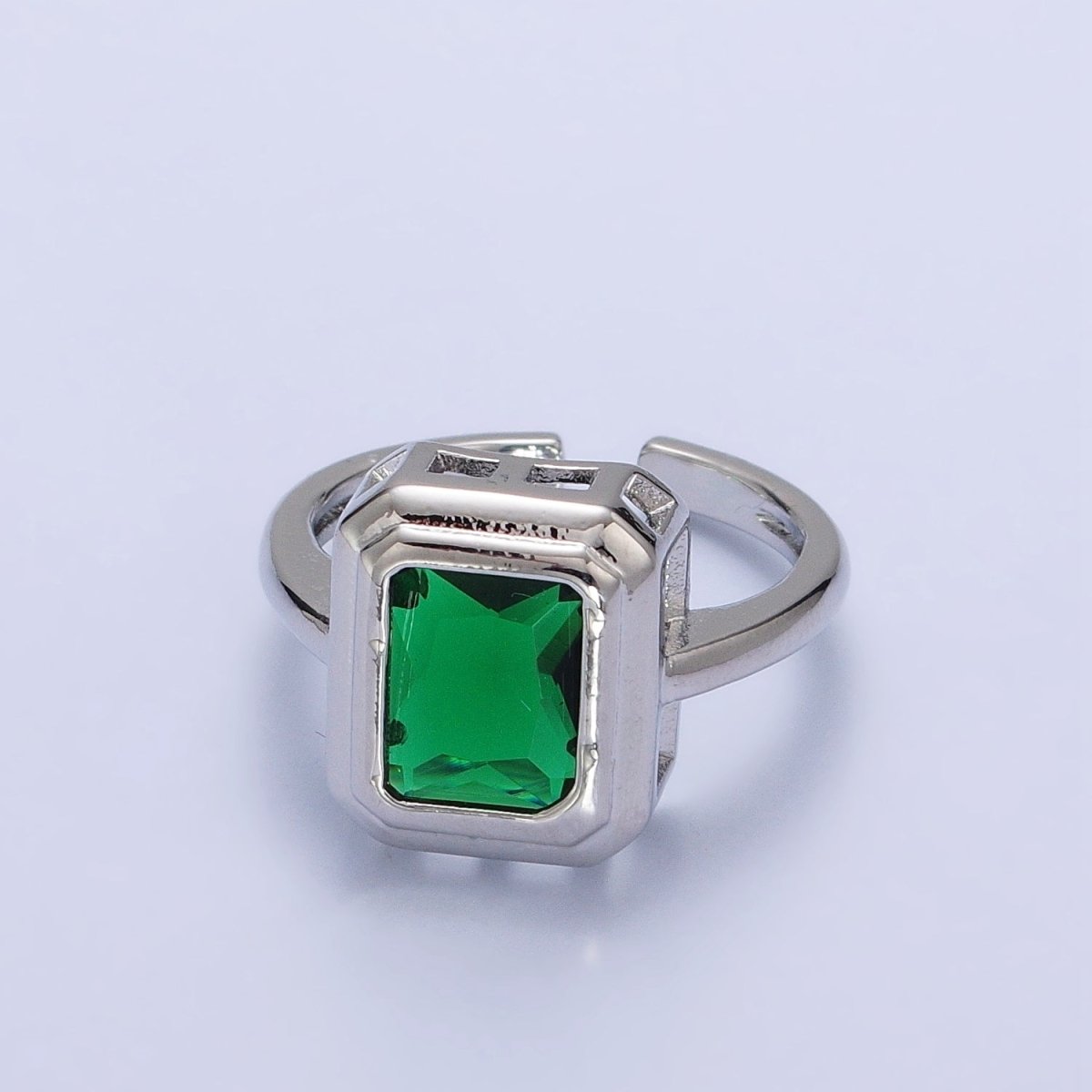24K Gold Filled Emerald Green Baguette CZ Adjustable Ring in Gold & Silver | Y-606 Y-607 - DLUXCA