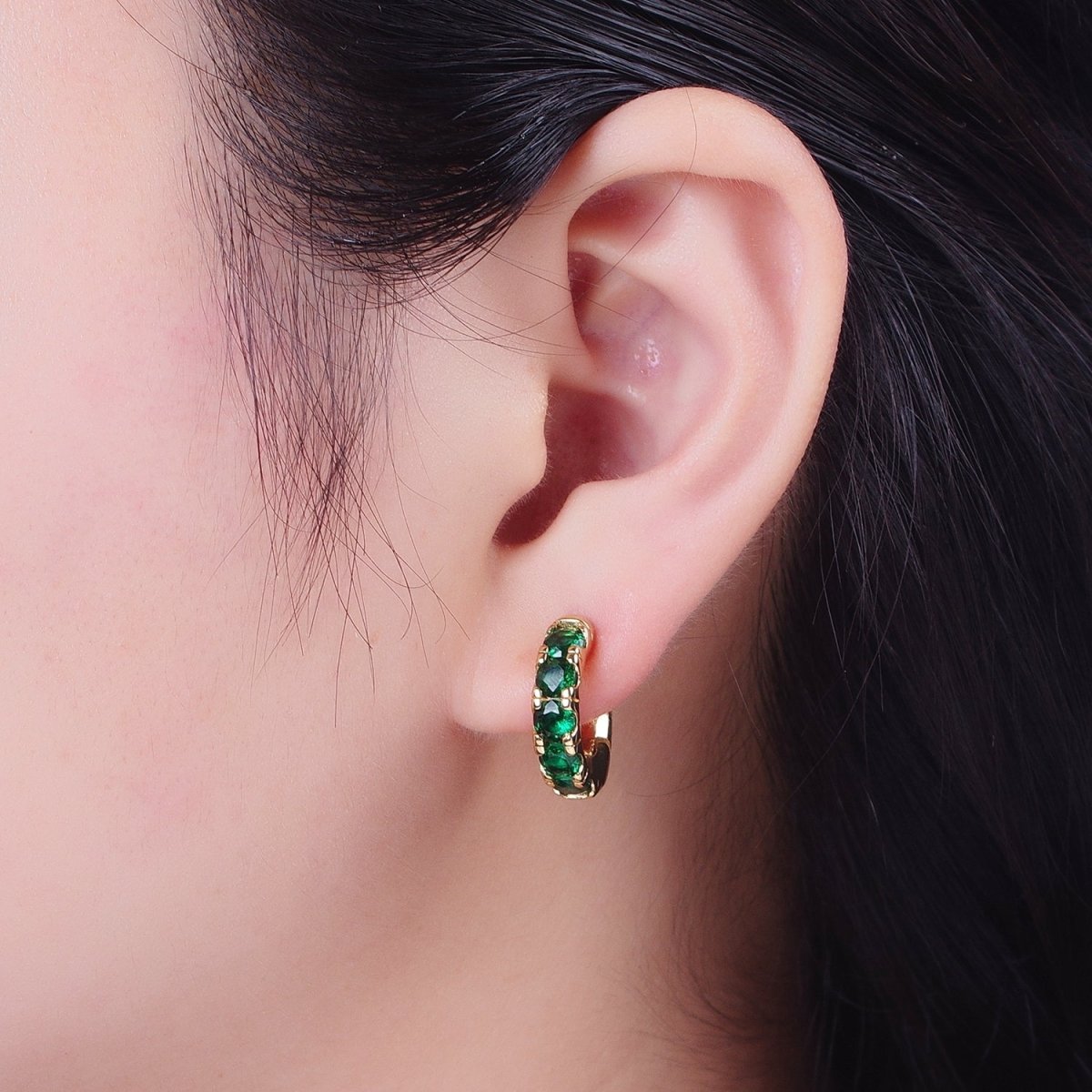 24K Gold Filled Emerald Green Micro Pave Cubic Zirconia 16.5mmx17mm Huggie Hoop Earrings | X-855 - DLUXCA