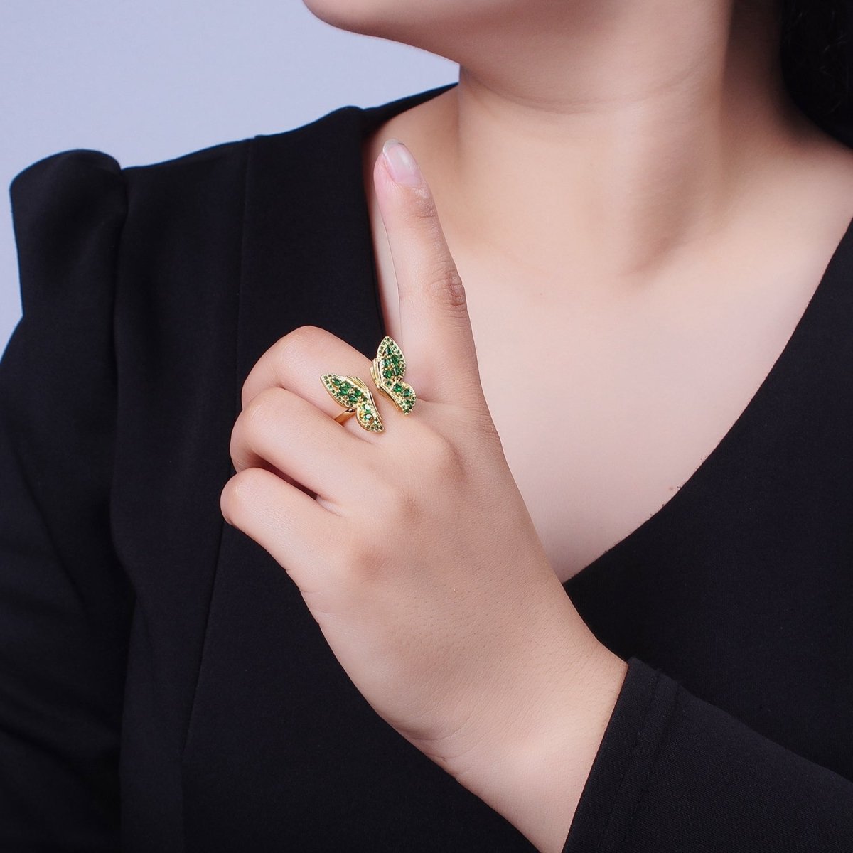 24K Gold Filled Emerald Green Micro Pave Cubic Zirconia Butterfly Mariposa Wings Open Adjustable Ring | X-600 - DLUXCA