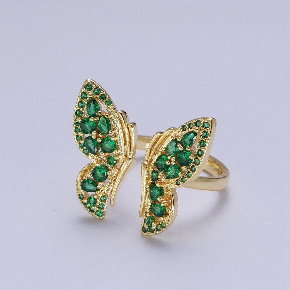 24K Gold Filled Emerald Green Micro Pave Cubic Zirconia Butterfly Mariposa Wings Open Adjustable Ring | X-600 - DLUXCA