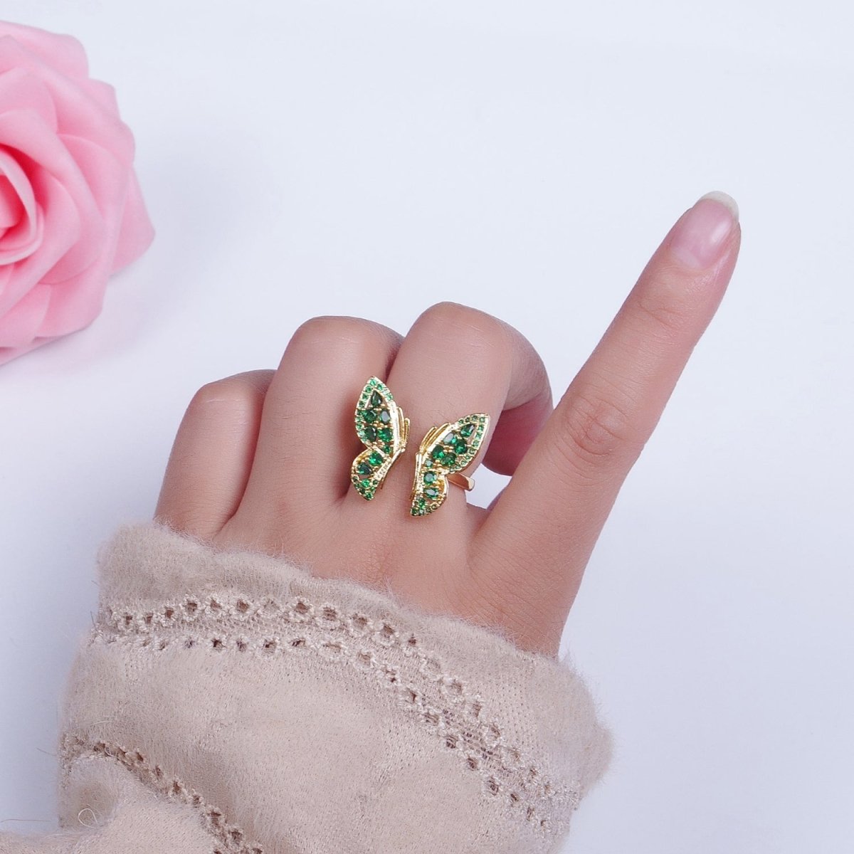 24K Gold Filled Emerald Green Micro Pave Cubic Zirconia Butterfly Mariposa Wings Open Adjustable Ring | X-600 - DLUXCA