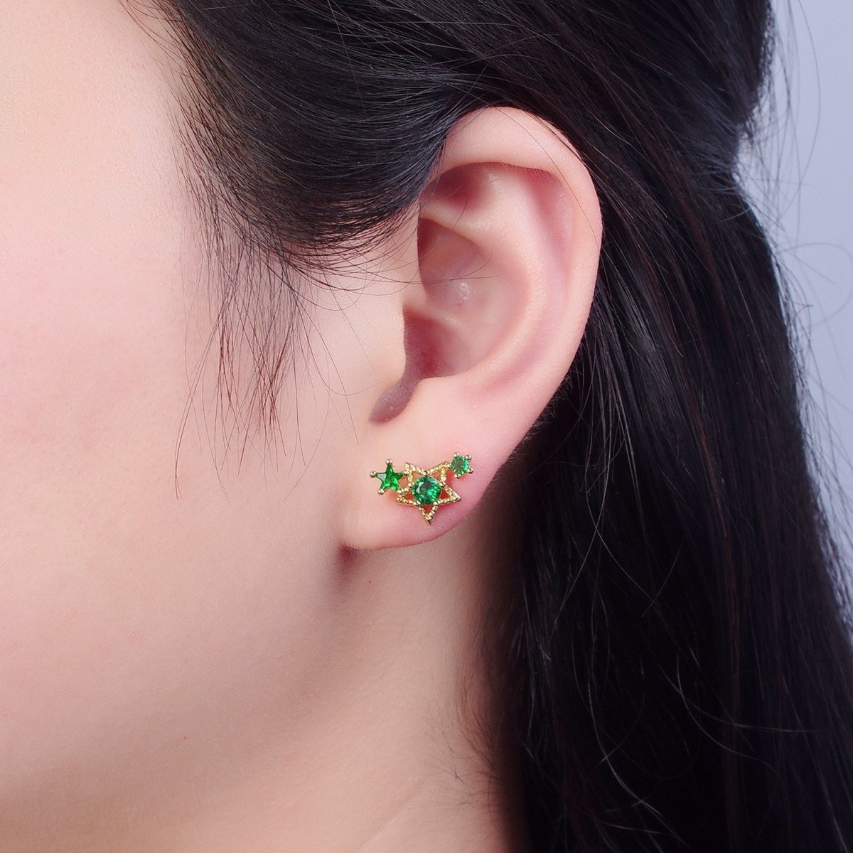 24K Gold Filled Emerald Green Star Studs, Celestial Night Cubic Zirconia CZ Earrings V-432 - DLUXCA