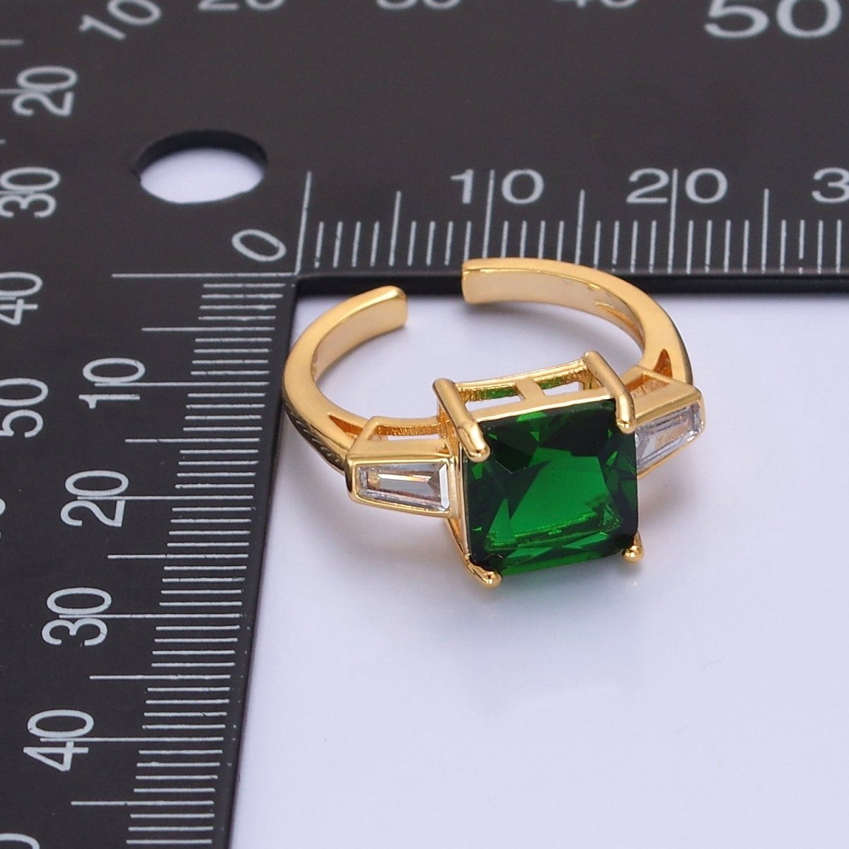 24K Gold Filled Emerald Promise Ring, Green & Clear Baguette Cubic Zirconia CZ Ring O-2294 - DLUXCA