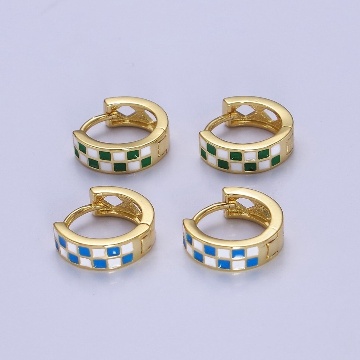 24K Gold Filled Enamel Checker Hoops Earring Retro Gold Huggie Earrings V131 V132 - DLUXCA