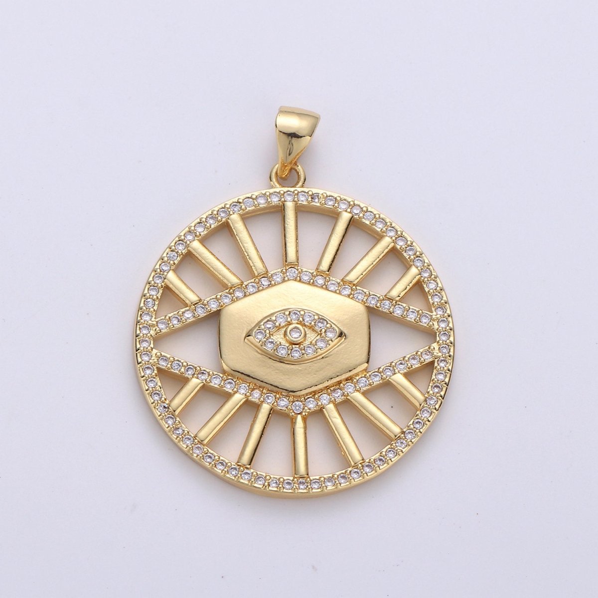 24k Gold Filled Evil Eye Charm Micro Pave Cubic Zirconia Round Evil Eye Pendant Charm for Medallion Necklace Component D-085 - DLUXCA