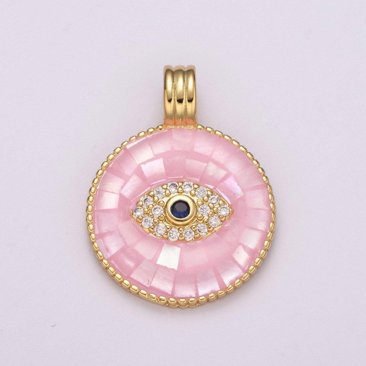24K Gold Filled Evil Eye Charm Necklace -Round Circle Evil Eye Pendant Necklace - Dainty Pink White Necklace Evil Eye Charm - Layered Necklace for Women N-1481 N-1482 - DLUXCA