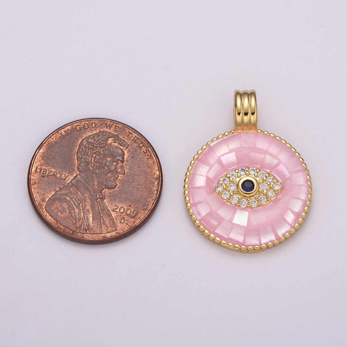 24K Gold Filled Evil Eye Charm Necklace -Round Circle Evil Eye Pendant Necklace - Dainty Pink White Necklace Evil Eye Charm - Layered Necklace for Women N-1481 N-1482 - DLUXCA