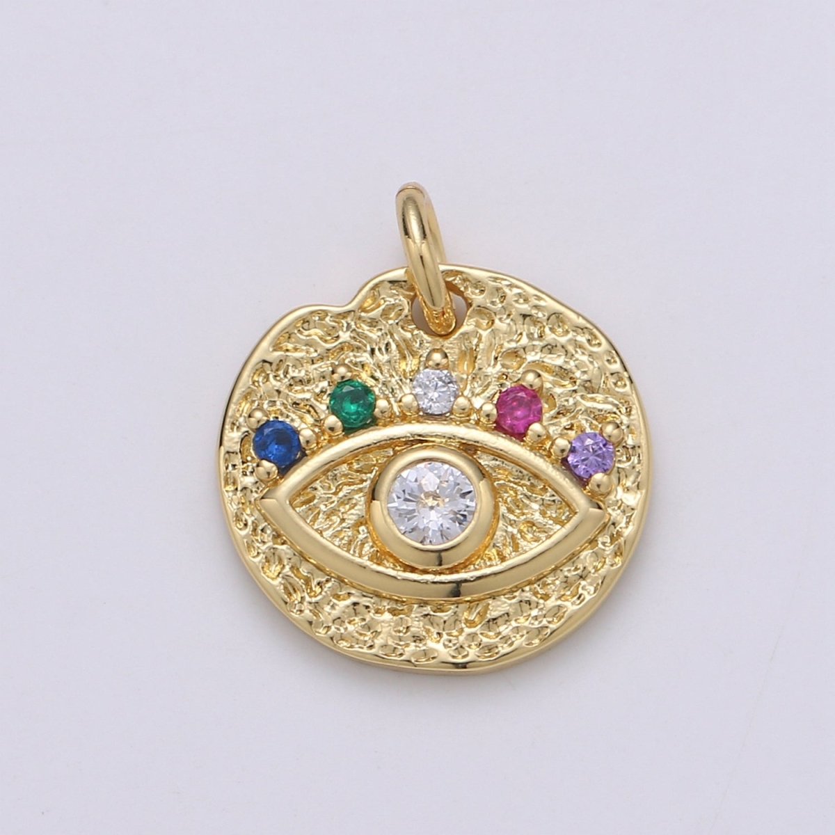 24K Gold Filled Evil Eye Coin Charm Round Disc Evil Eye Pendant Necklace, Gold Medallion Rustic Charm Cubic Eye Charm D-873 - DLUXCA