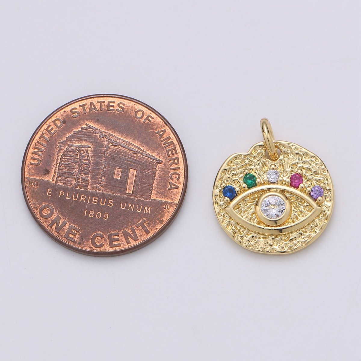 24K Gold Filled Evil Eye Coin Charm Round Disc Evil Eye Pendant Necklace, Gold Medallion Rustic Charm Cubic Eye Charm D-873 - DLUXCA
