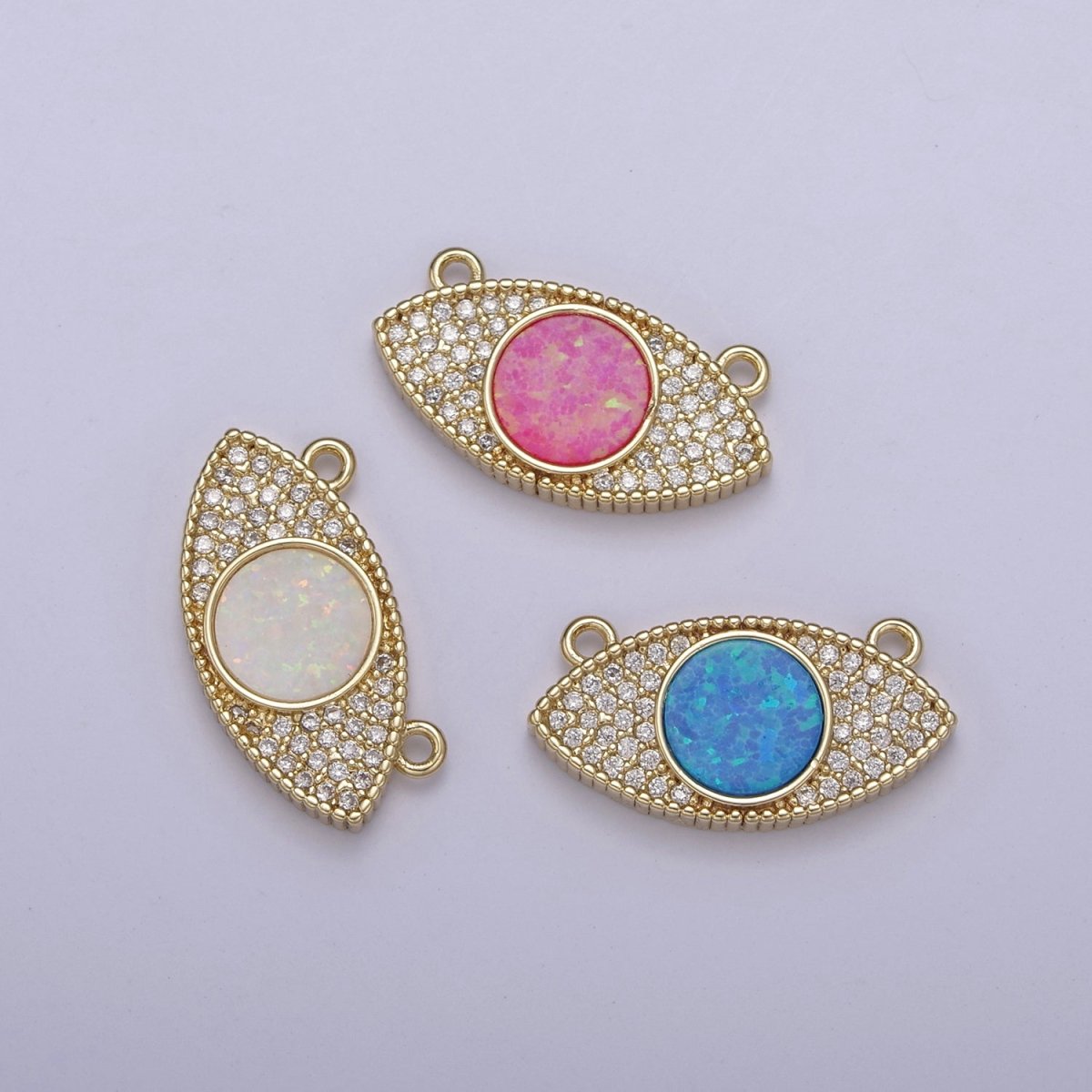 24K Gold Filled Evil Eye Opal Charm Connector, Evil Eye Link Connector CZ Greek Eye White / Blue / Pink F-791 F-788 F-789 - DLUXCA
