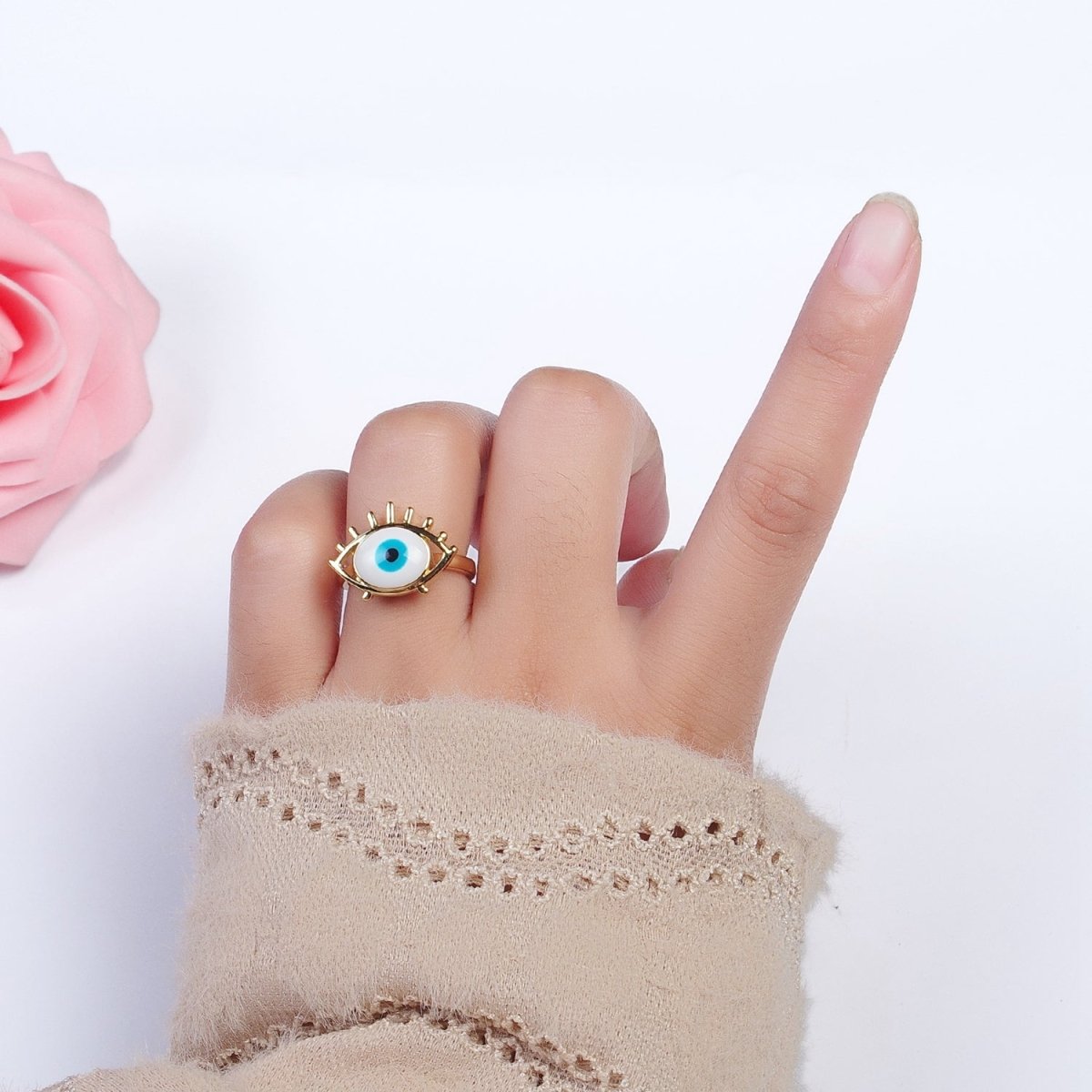 24K Gold Filled Evil Eye White, Blue Enamel Micro Paved CZ Ring | Y-487 Y-488 - DLUXCA