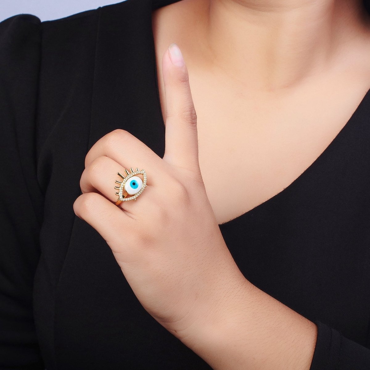 24K Gold Filled Evil Eye White, Blue Enamel Micro Paved CZ Ring | Y-487 Y-488 - DLUXCA