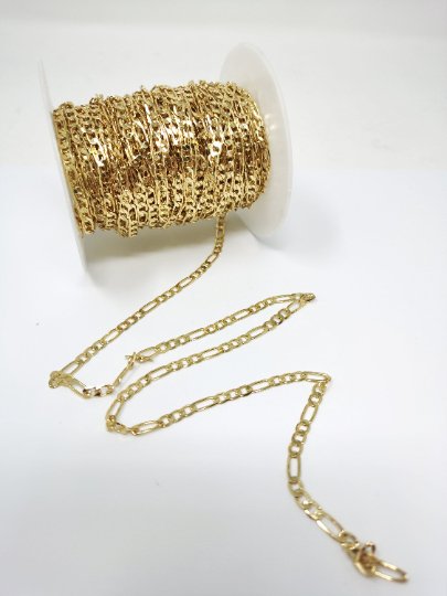 24K Gold Filled FIGARO Chain, 3.5mm Wide Figaro Link Chain Flat Figaro Chain, Jewelry Chain Sold by the Yard for Necklace Bracelet Anklet Supply | ROLL-102 Clearance Pricing - DLUXCA