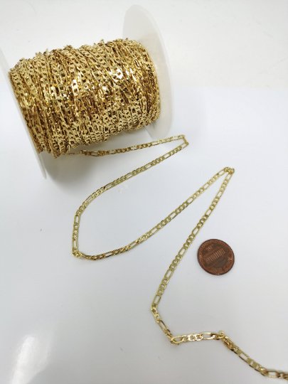 24K Gold Filled FIGARO Chain, 3mm Gold Simple Figaro Chain, Gold Dainty Chain Bulk Supply Jewelry Chain by Yard For Necklace Anklet | ROLL-086 Clearance Pricing - DLUXCA