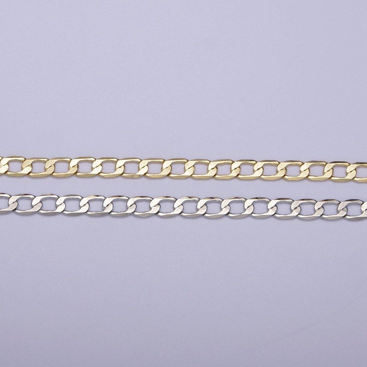 24K Gold Filled Figaro Curb Chain, 4mm Flat Curb Unfinished Chain in Gold & Silver For Jewelry Making | ROLL-666, ROLL-667 Clearance Pricing - DLUXCA