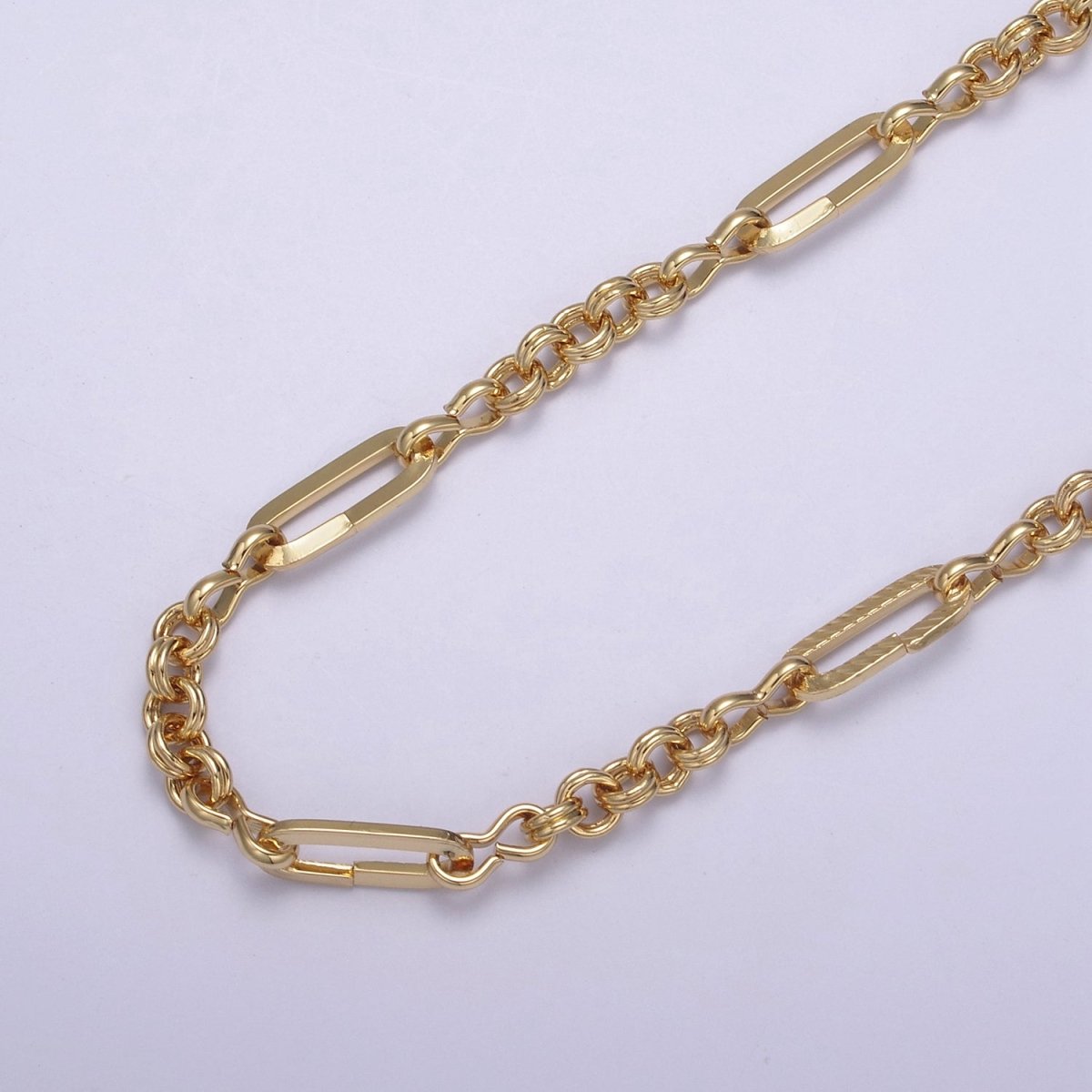 24K Gold Filled Figaro Long and Short Fancy Chain For Jewelry Making, 14X5.5mm Textured Paper Clip Chain with Figure Eight 8 & Double Rolo Link, Unfinished Chain For Jewelry Making | ROLL-653 Clearance Pricing - DLUXCA