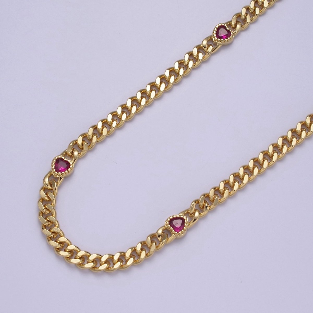 24K Gold Filled Flat Curb Chain with CZ Cubic Zirconia Heart Connector, 4.5mm Width Unfinished Chain For Jewelry Making | WA-1368-WA-1372 Clearance Pricing - DLUXCA