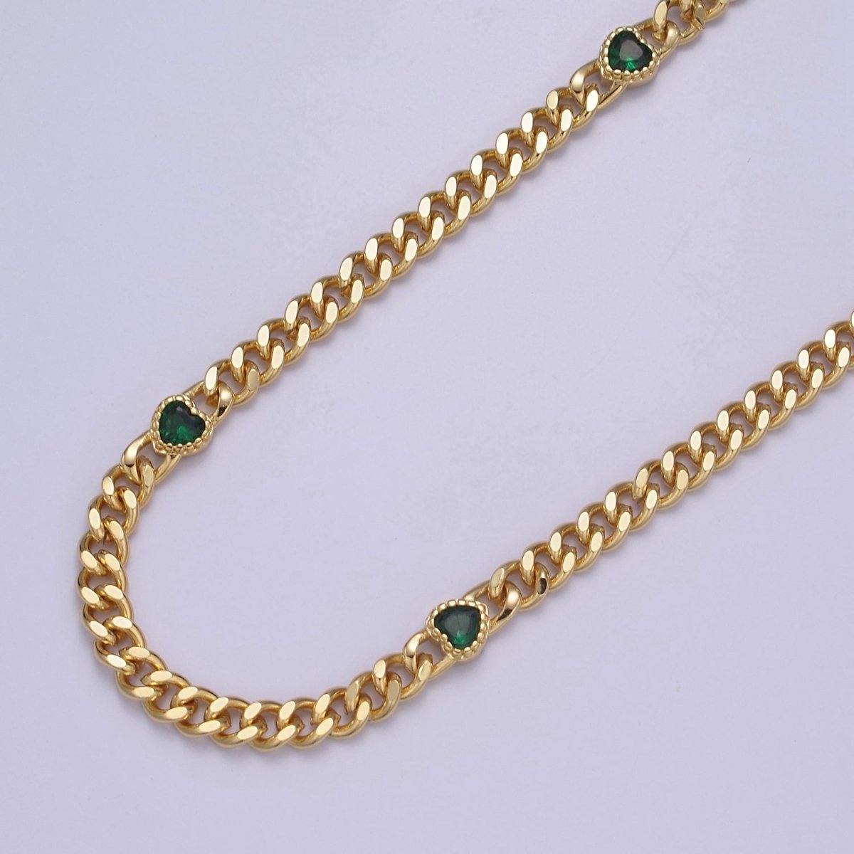 24K Gold Filled Flat Curb Chain with CZ Cubic Zirconia Heart Connector, 4.5mm Width Unfinished Chain For Jewelry Making | WA-1368-WA-1372 Clearance Pricing - DLUXCA