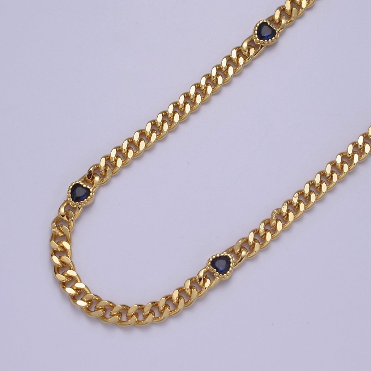 24K Gold Filled Flat Curb Chain with CZ Cubic Zirconia Heart Connector, 4.5mm Width Unfinished Chain For Jewelry Making | WA-1368-WA-1372 Clearance Pricing - DLUXCA