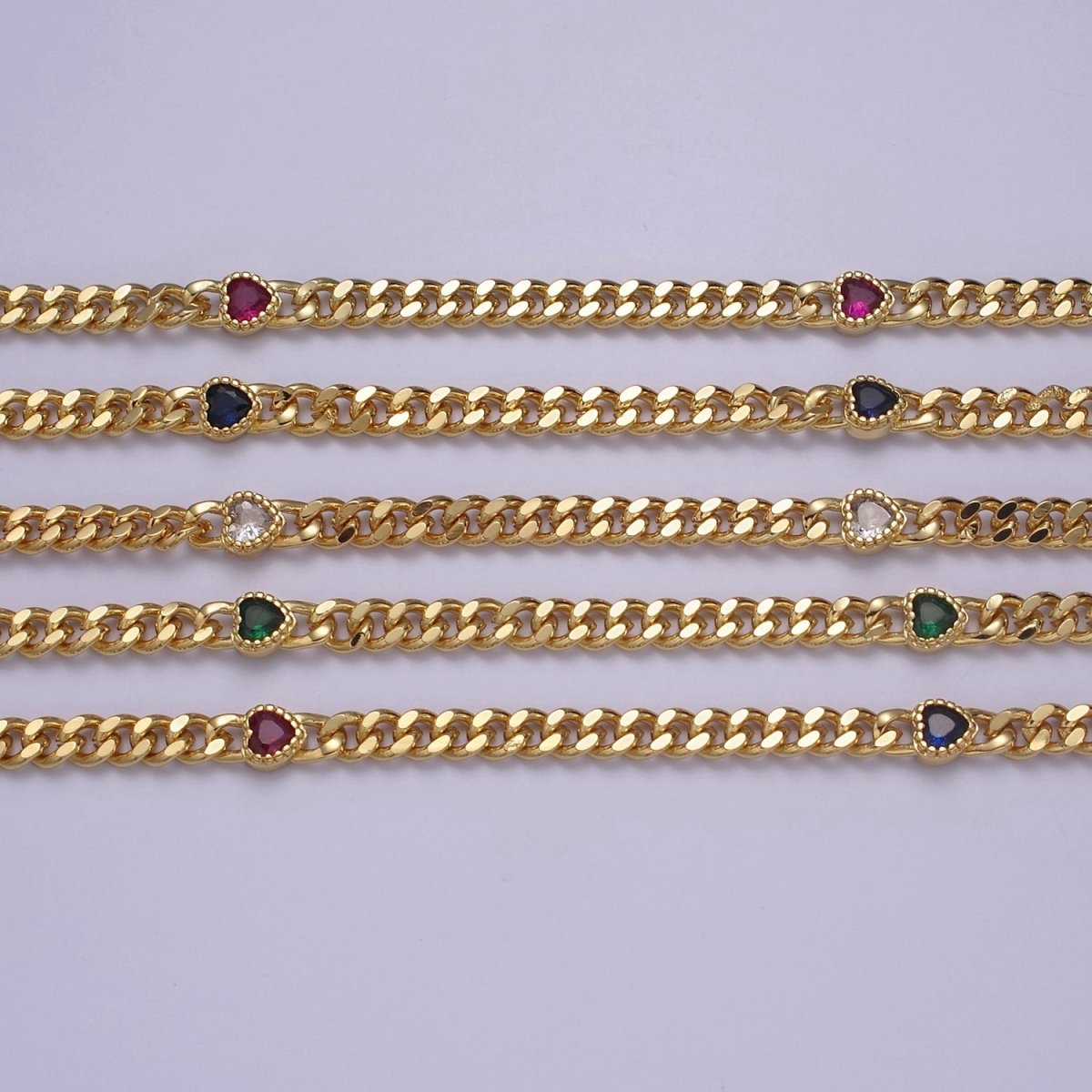 24K Gold Filled Flat Curb Chain with CZ Cubic Zirconia Heart Connector, 4.5mm Width Unfinished Chain For Jewelry Making | WA-1368-WA-1372 Clearance Pricing - DLUXCA