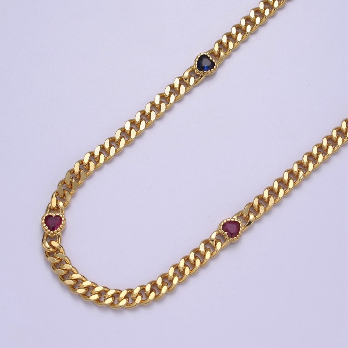 24K Gold Filled Flat Curb Chain with CZ Cubic Zirconia Heart Connector, 4.5mm Width Unfinished Chain For Jewelry Making | WA-1368-WA-1372 Clearance Pricing - DLUXCA