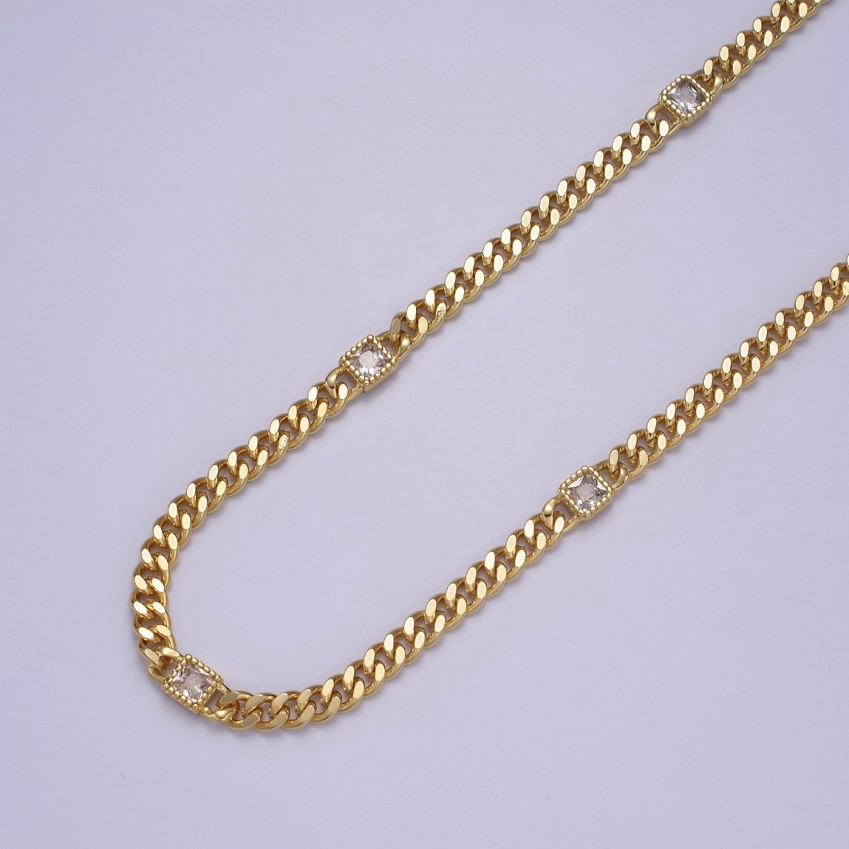 24K Gold Filled Flat Curb Chain with Rectangle CZ Cubic Zirconia Connector, Unfinished Chain by Meter For Jewelry Making | O-084 ~ O-086 WA-1406 Clearance Pricing - DLUXCA