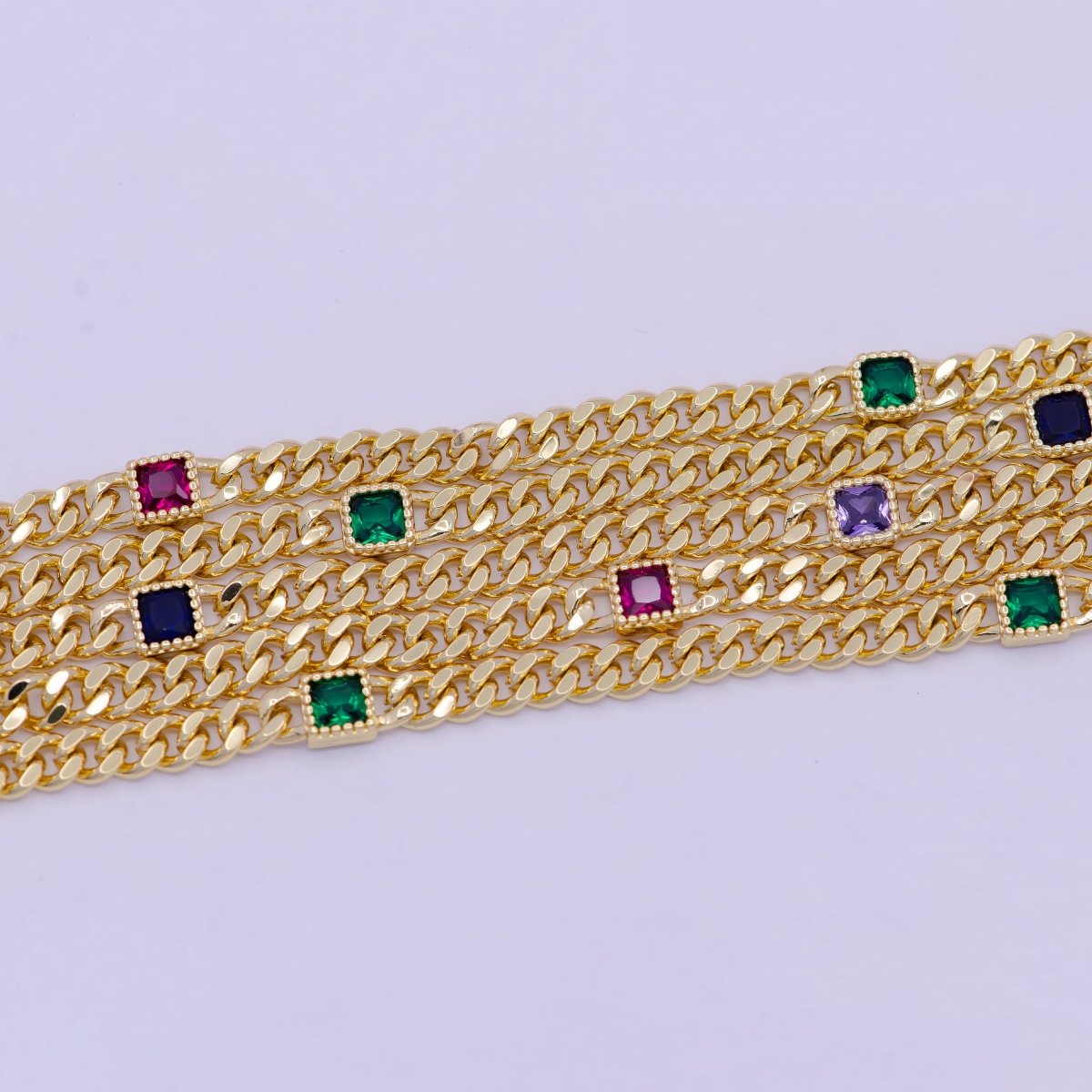 24K Gold Filled Flat Curb Chain with Rectangle CZ Cubic Zirconia Connector, Unfinished Chain by Meter For Jewelry Making | O-084 ~ O-086 WA-1406 Clearance Pricing - DLUXCA