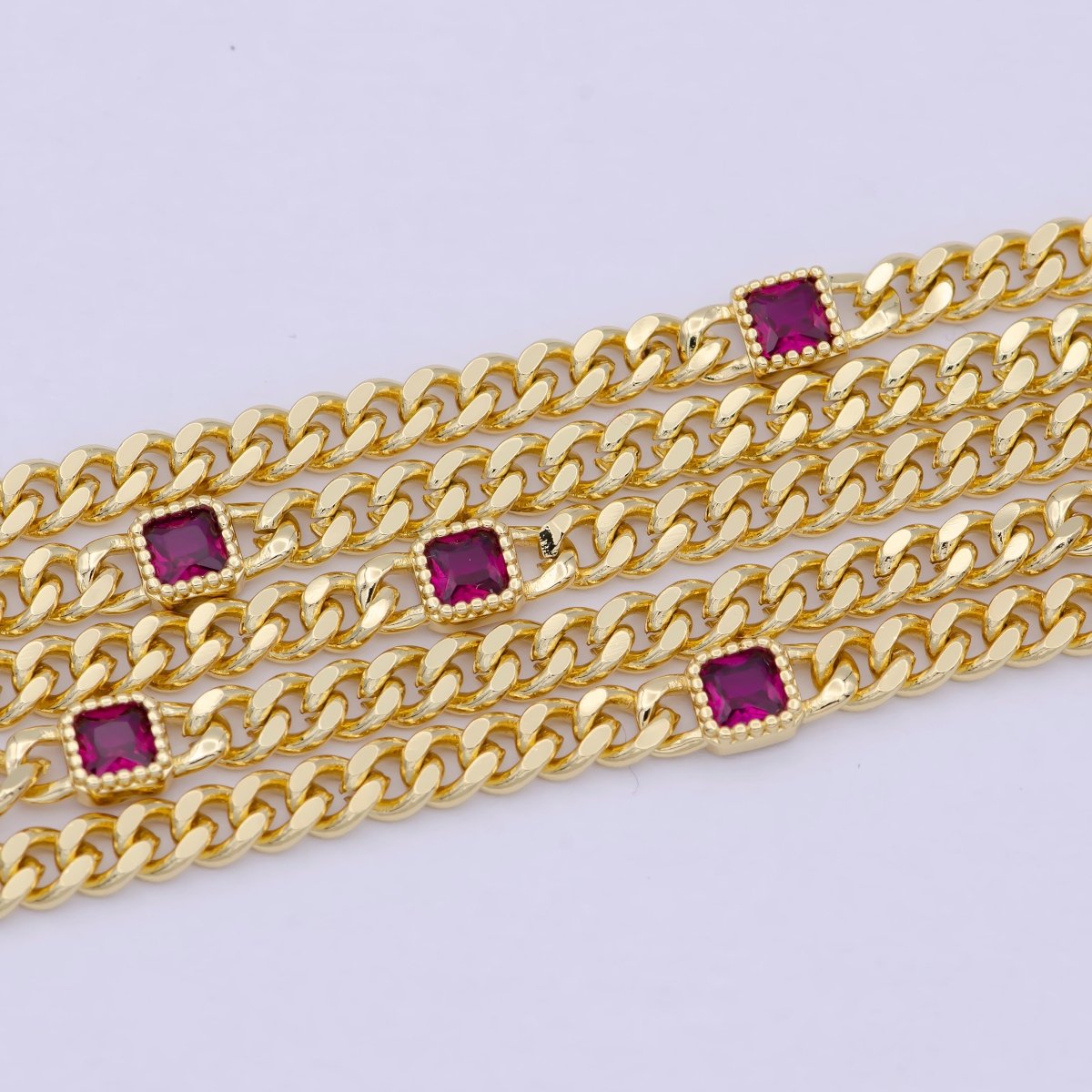 24K Gold Filled Flat Curb Chain with Rectangle CZ Cubic Zirconia Connector, Unfinished Chain by Meter For Jewelry Making | O-084 ~ O-086 WA-1406 Clearance Pricing - DLUXCA