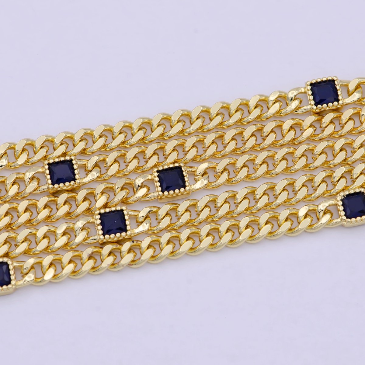 24K Gold Filled Flat Curb Chain with Rectangle CZ Cubic Zirconia Connector, Unfinished Chain by Meter For Jewelry Making | O-084 ~ O-086 WA-1406 Clearance Pricing - DLUXCA