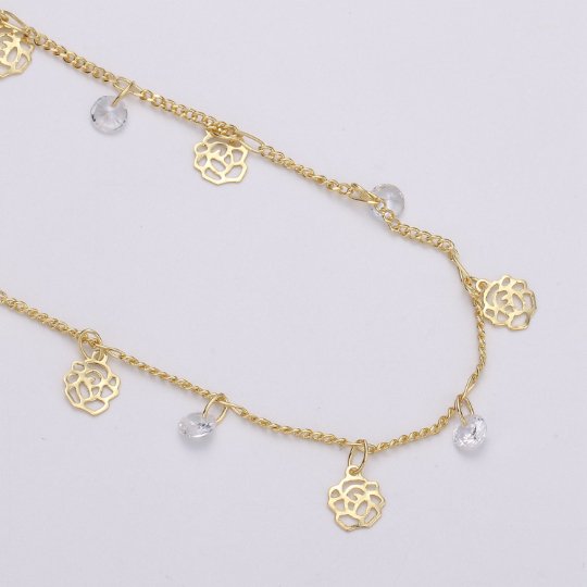 24K Gold Filled Flower Charmed Cubic Chain by Yard, Flower CZ Charm Twisted Curb Chain by Yard | ROLL-322 Clearance Pricing - DLUXCA
