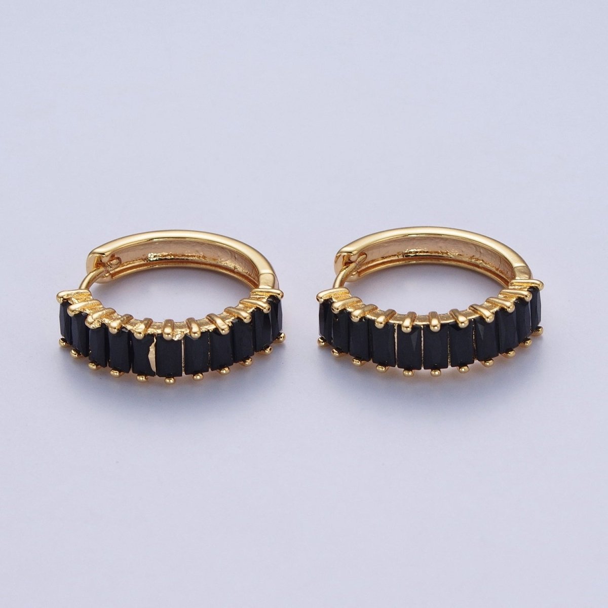 24K Gold Filled Fuchsia, Black. Blue Baguette Cubic Zirconia 18mm Huggie Hoop Earrings | X-824 X-825 X-826 - DLUXCA