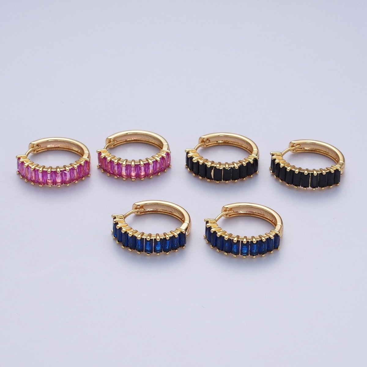 24K Gold Filled Fuchsia, Black. Blue Baguette Cubic Zirconia 18mm Huggie Hoop Earrings | X-824 X-825 X-826 - DLUXCA