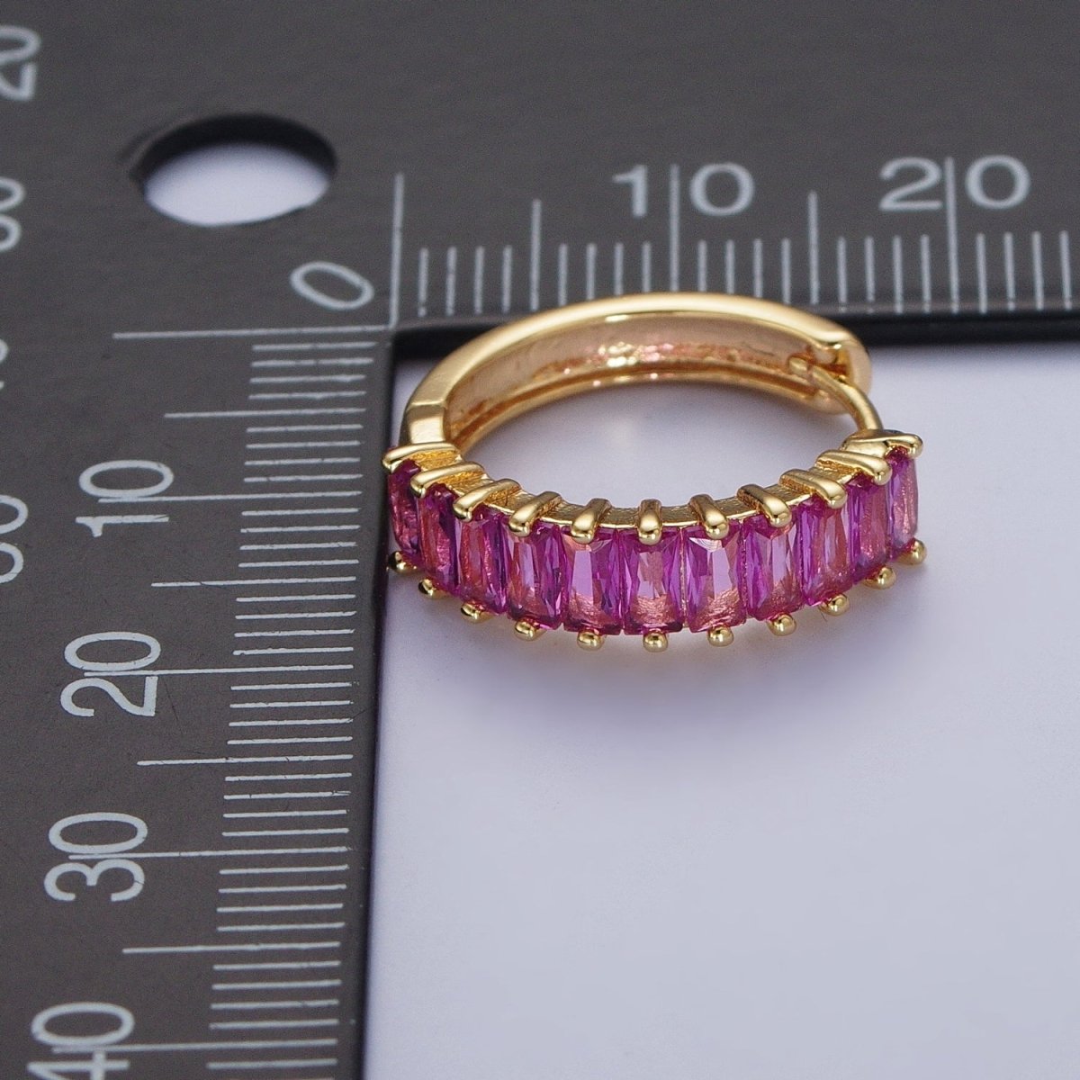 24K Gold Filled Fuchsia, Black. Blue Baguette Cubic Zirconia 18mm Huggie Hoop Earrings | X-824 X-825 X-826 - DLUXCA