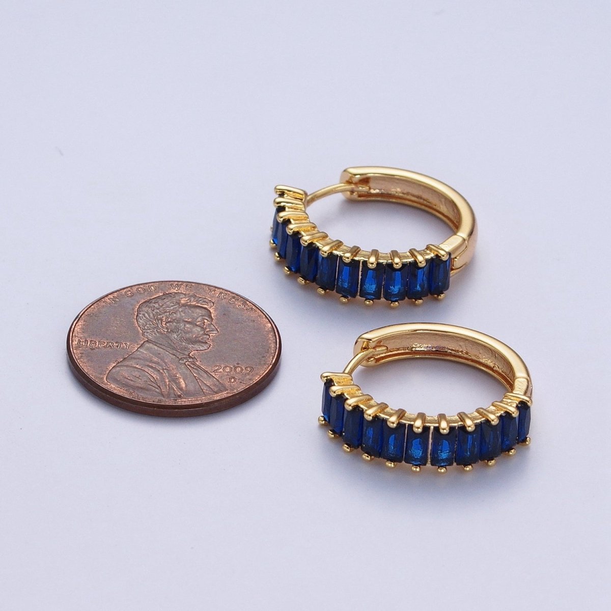 24K Gold Filled Fuchsia, Black. Blue Baguette Cubic Zirconia 18mm Huggie Hoop Earrings | X-824 X-825 X-826 - DLUXCA