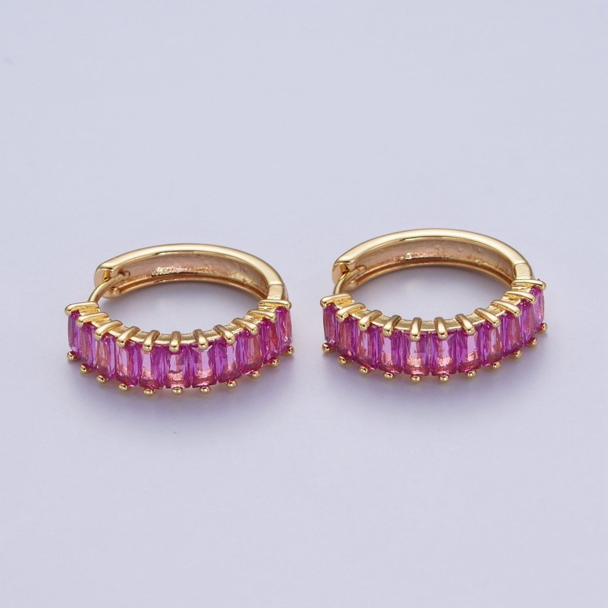 24K Gold Filled Fuchsia, Black. Blue Baguette Cubic Zirconia 18mm Huggie Hoop Earrings | X-824 X-825 X-826 - DLUXCA