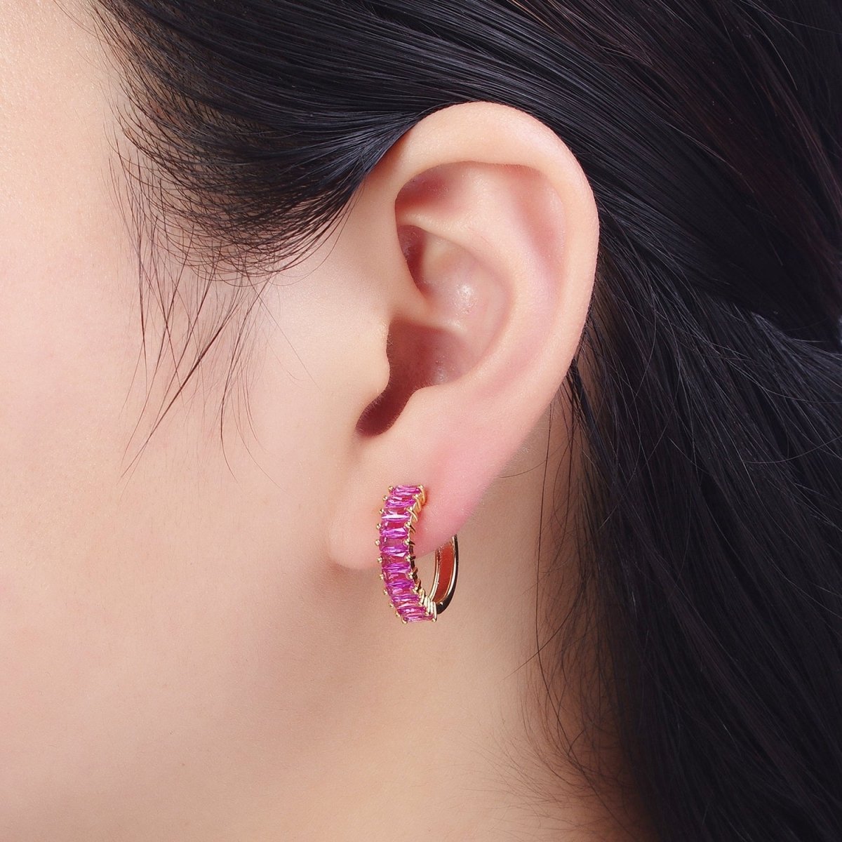 24K Gold Filled Fuchsia, Black. Blue Baguette Cubic Zirconia 18mm Huggie Hoop Earrings | X-824 X-825 X-826 - DLUXCA