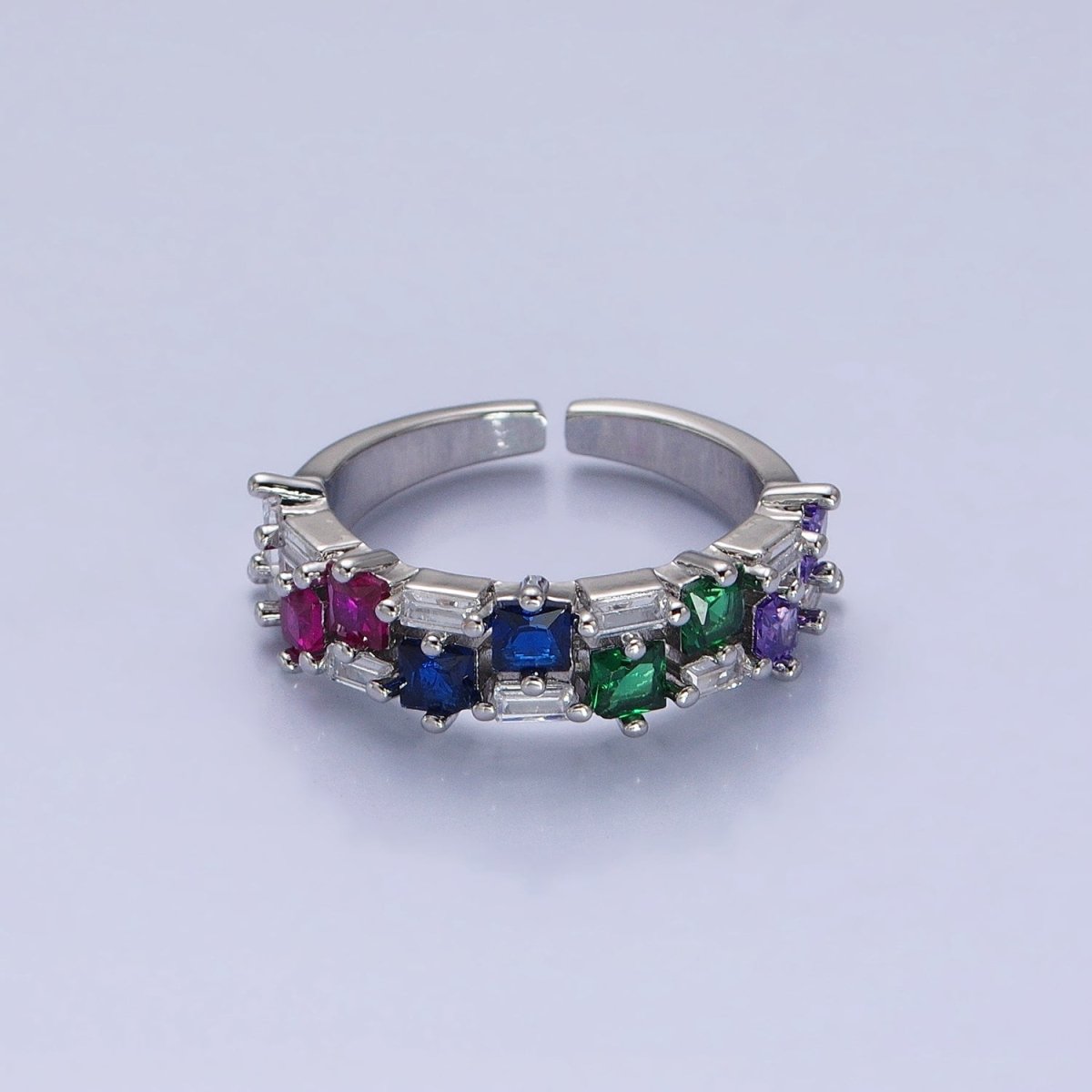 24K Gold Filled Fuchsia, Multicolor, Black, Purple, Blue, Pink, Green, Clear Baguette Square CZ Ring in Gold & Silver | O-1533~O-1548 - DLUXCA