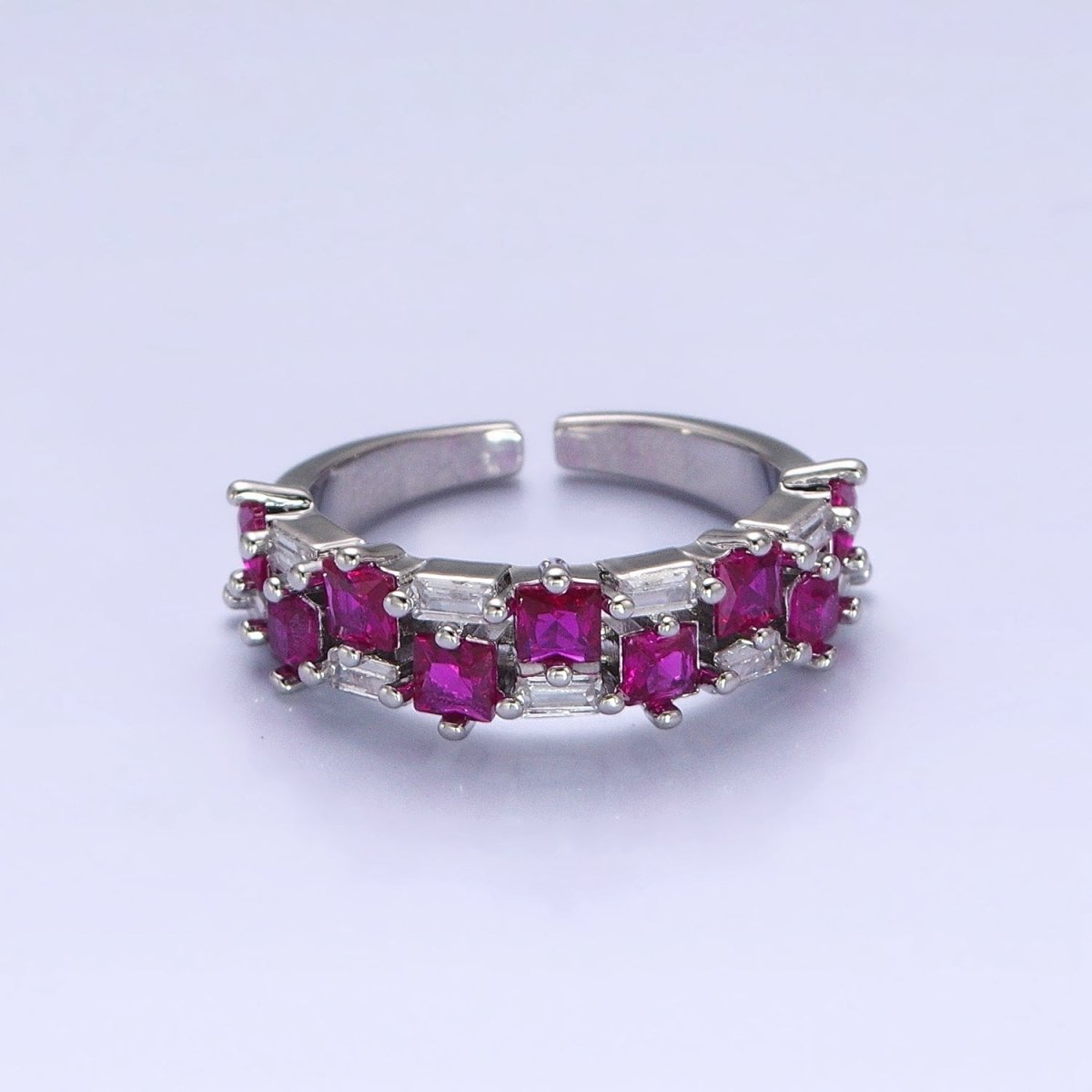 24K Gold Filled Fuchsia, Multicolor, Black, Purple, Blue, Pink, Green, Clear Baguette Square CZ Ring in Gold & Silver | O-1533~O-1548 - DLUXCA