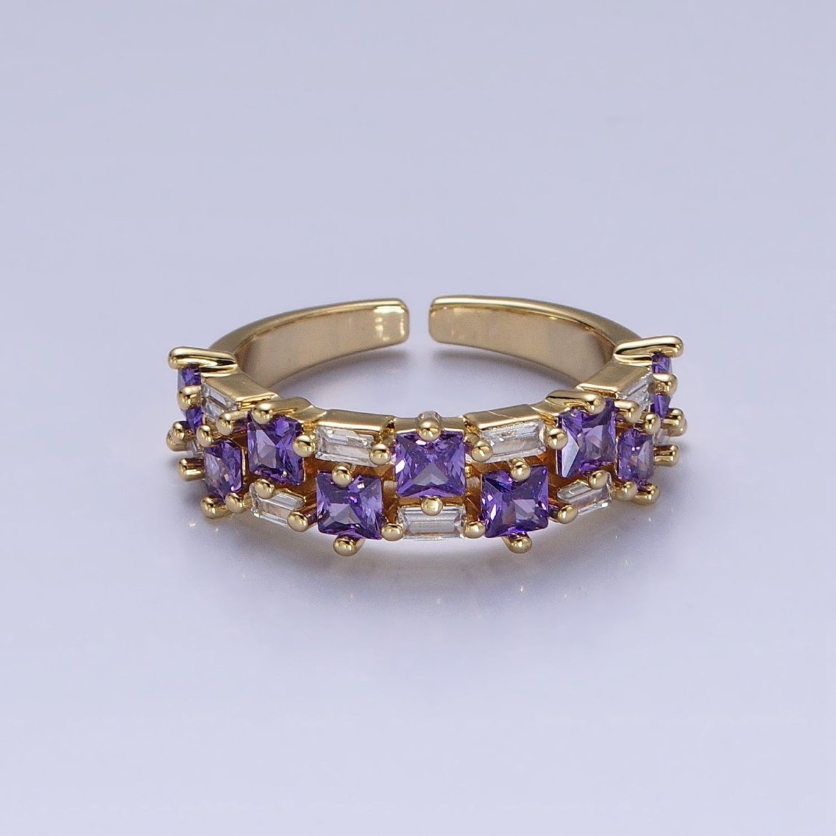 24K Gold Filled Fuchsia, Multicolor, Black, Purple, Blue, Pink, Green, Clear Baguette Square CZ Ring in Gold & Silver | O-1533~O-1548 - DLUXCA