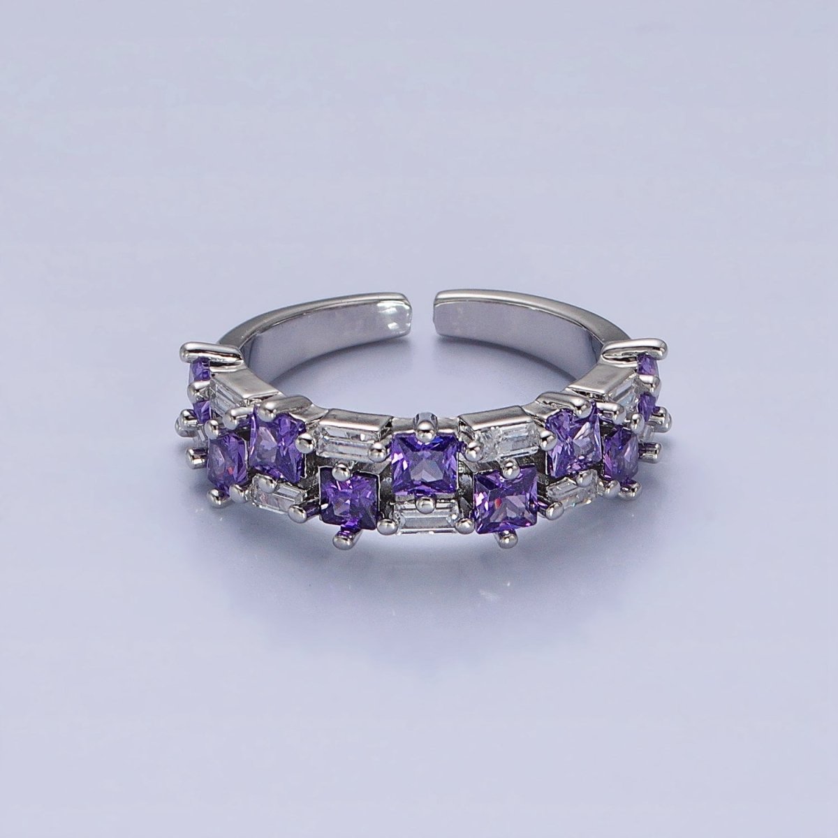 24K Gold Filled Fuchsia, Multicolor, Black, Purple, Blue, Pink, Green, Clear Baguette Square CZ Ring in Gold & Silver | O-1533~O-1548 - DLUXCA