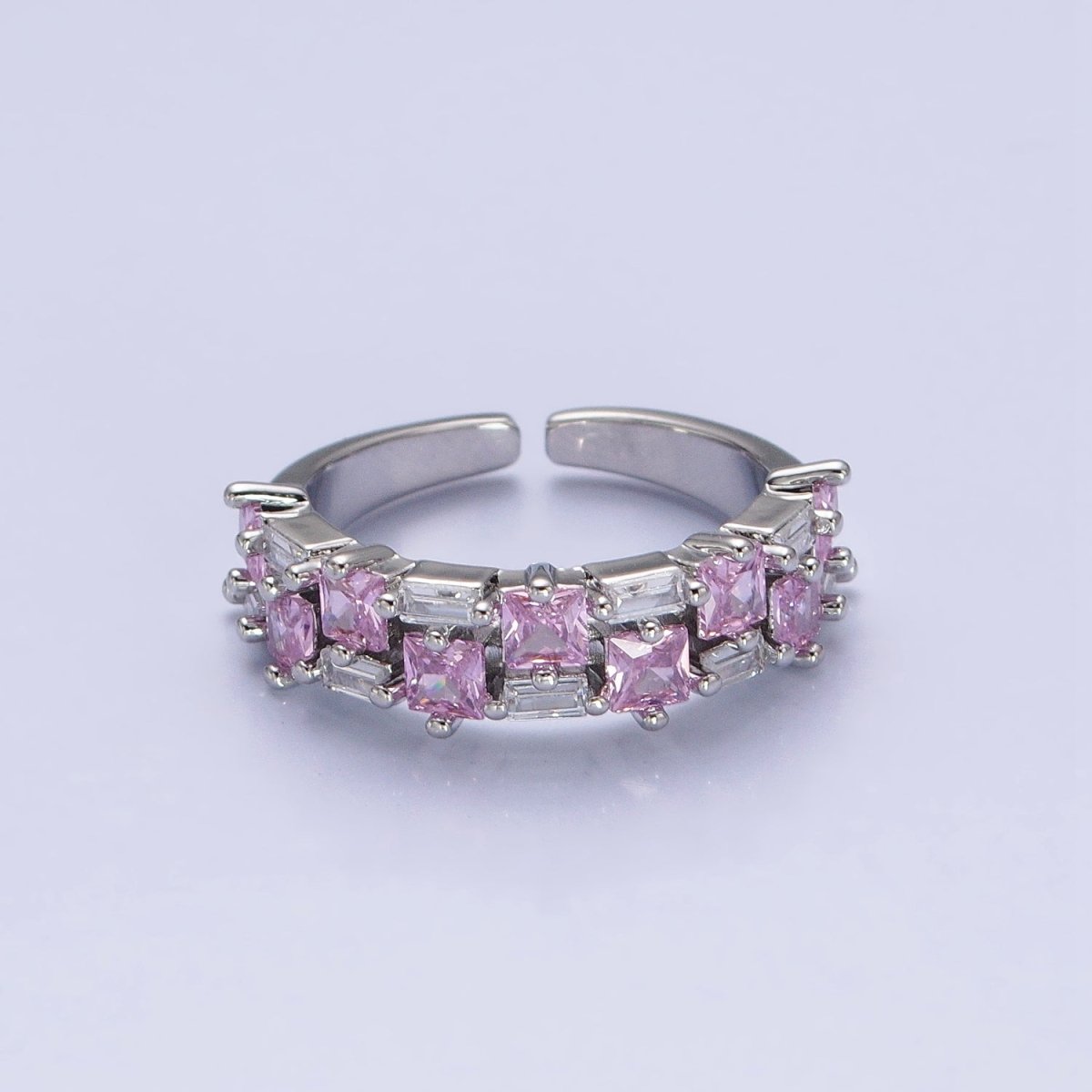 24K Gold Filled Fuchsia, Multicolor, Black, Purple, Blue, Pink, Green, Clear Baguette Square CZ Ring in Gold & Silver | O-1533~O-1548 - DLUXCA