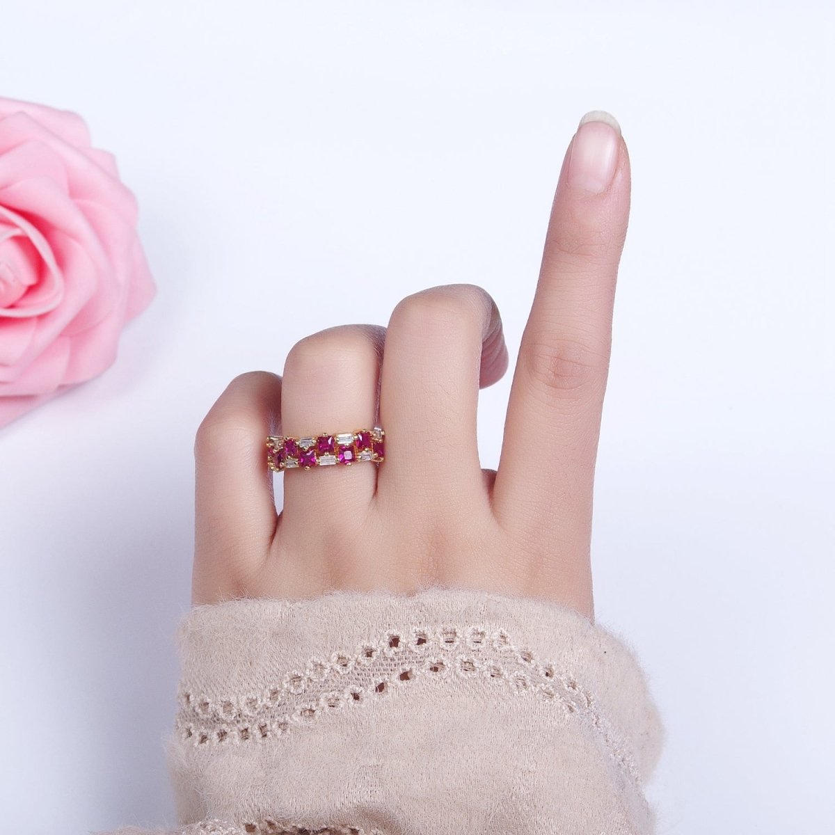 24K Gold Filled Fuchsia, Multicolor, Black, Purple, Blue, Pink, Green, Clear Baguette Square CZ Ring in Gold & Silver | O-1533~O-1548 - DLUXCA