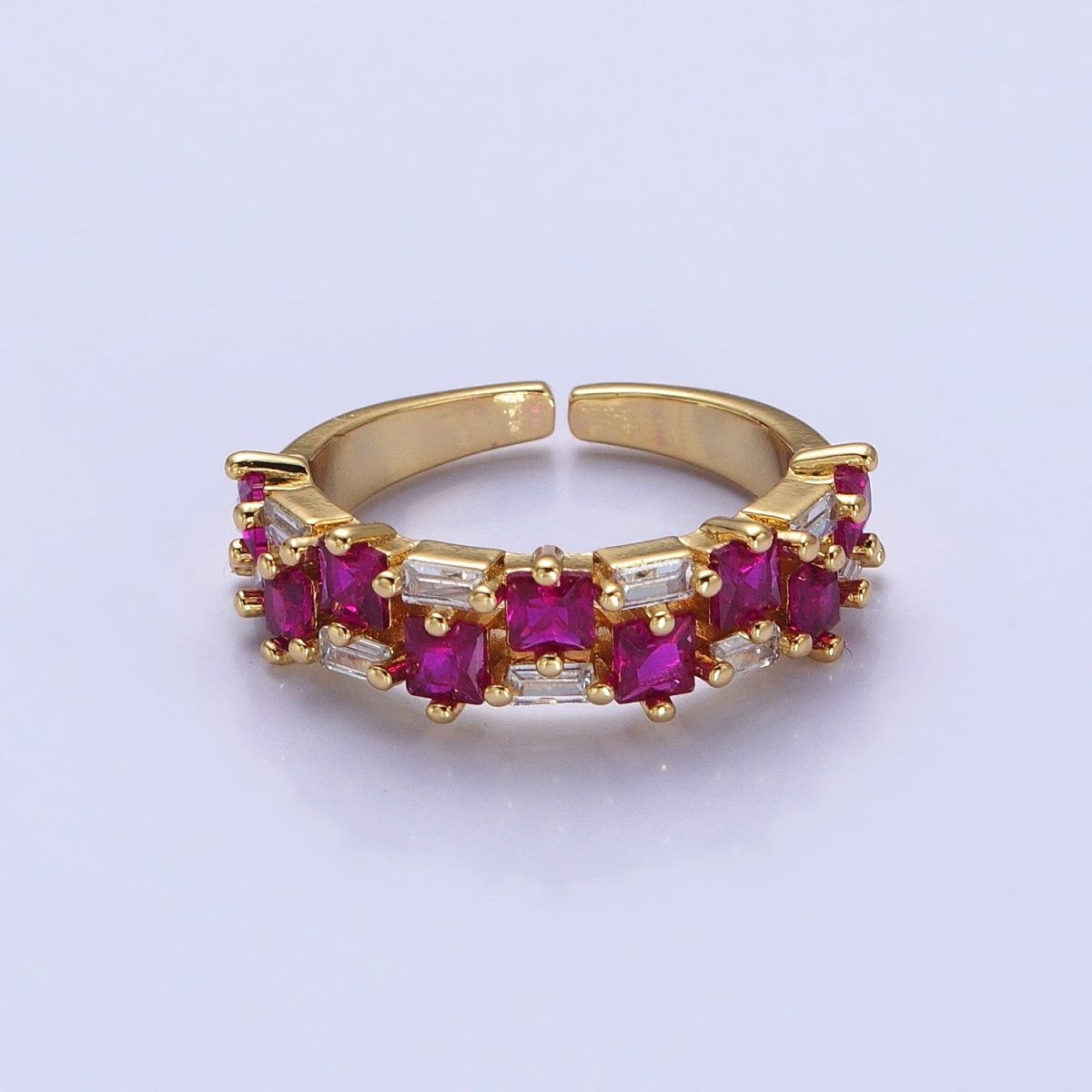 24K Gold Filled Fuchsia, Multicolor, Black, Purple, Blue, Pink, Green, Clear Baguette Square CZ Ring in Gold & Silver | O-1533~O-1548 - DLUXCA