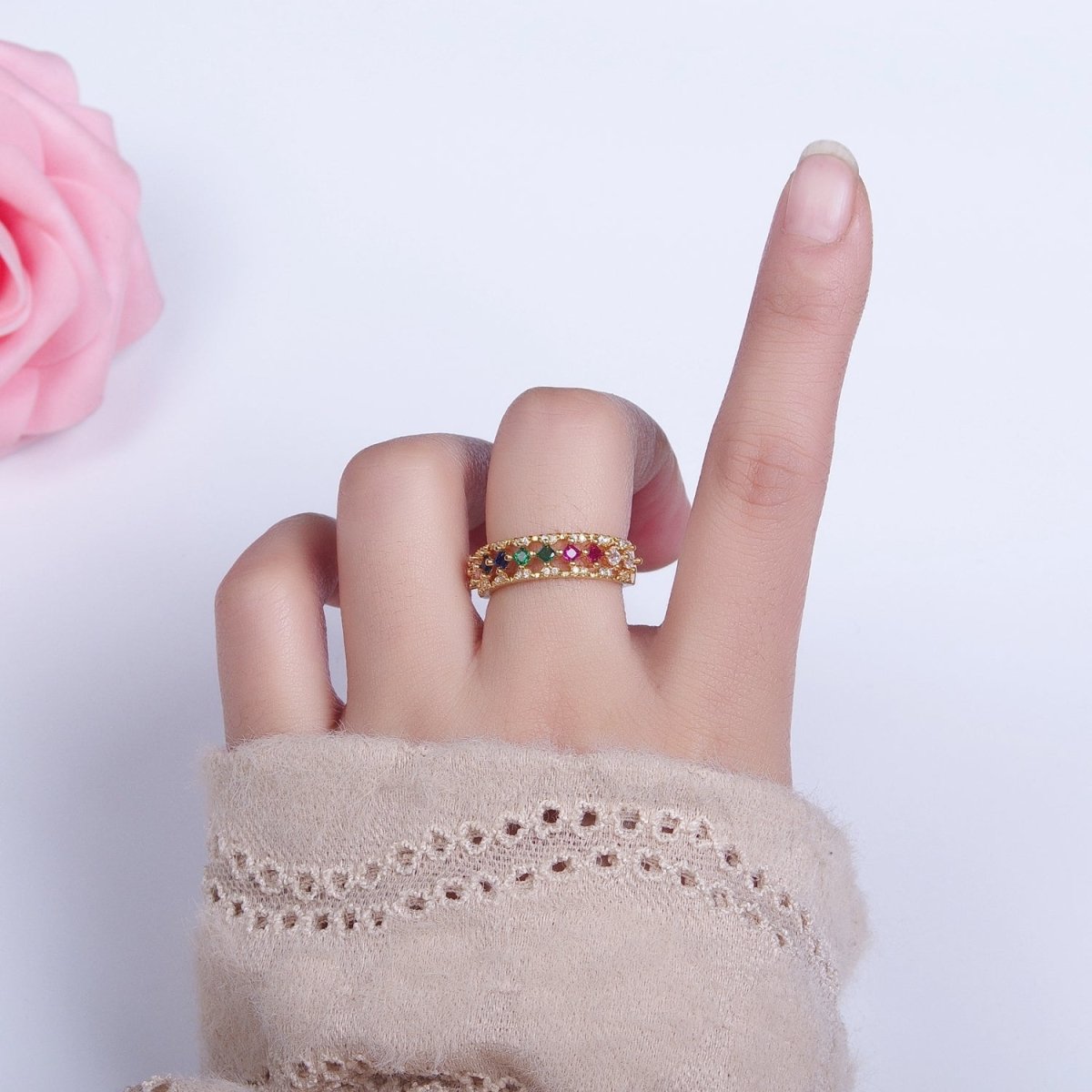 24K Gold Filled Fuchsia, Multicolor, Black, Purple, Blue, Pink, Green, Clear Rhombus CZ Micro Paved Ring in Gold & Silver | O-1517~O-1532 - DLUXCA